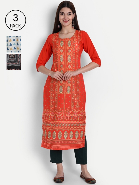 

7Threads Women Pack Of 3 Digital Print Straight Crepe Kurta, Multi