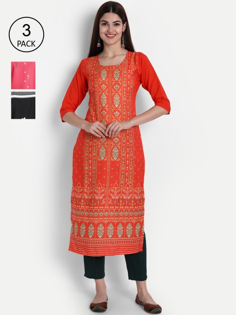

7Threads Women Pack Of 3 Digital Print Straight Crepe Kurta, Multi