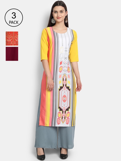 

7Threads Women Pack Of 3 Kurtas, Yellow