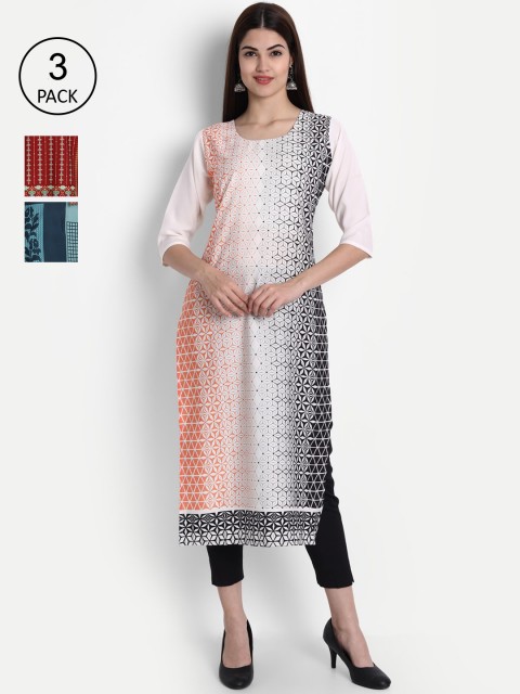 

7Threads Women Pack Of 3 Multicoloured Ethnic Motifs Printed Crepe Kurta, Multi