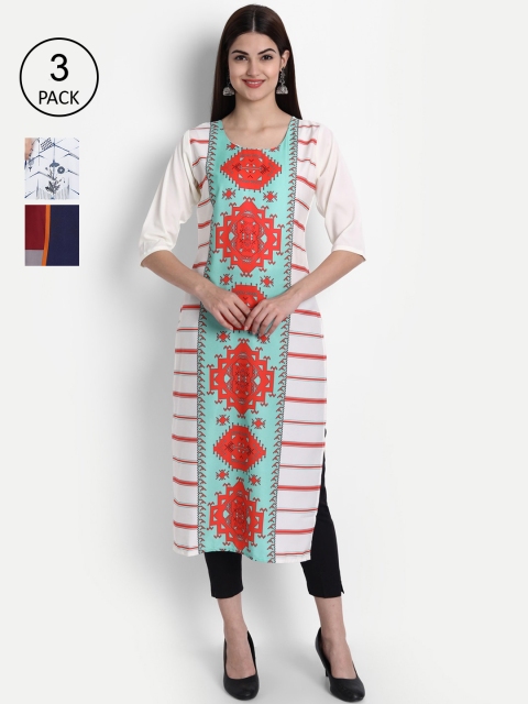 

7Threads Women White, Red & Blue Floral Printed Set of 3 Crepe Kurta