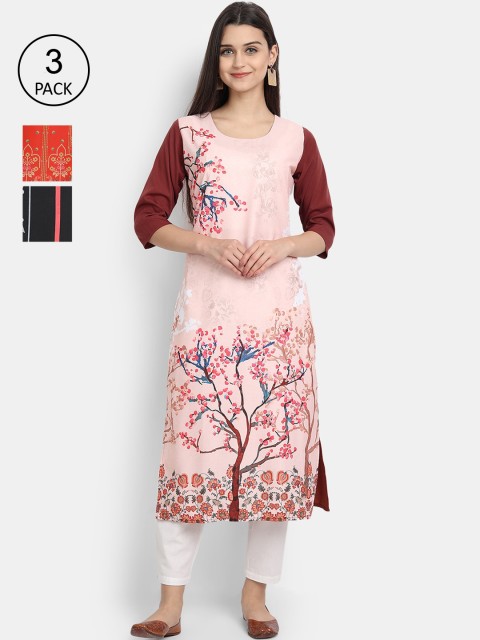

7Threads Women Pink , Black & Red Ethnic Motifs Printed Crepe Kurta Set Of 3