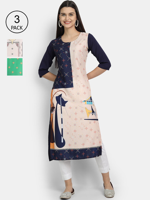

7Threads Women Pack Of 3 Digital Print Straight Crepe Kurta, Multi