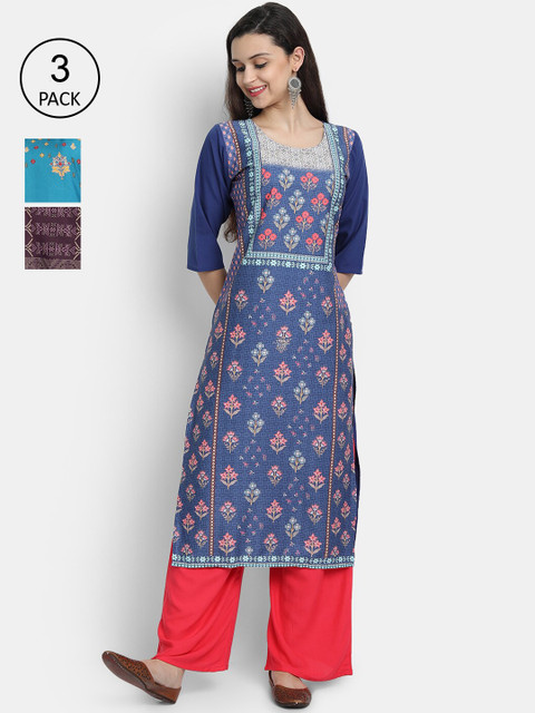 

7Threads Women Pack Of 3 Kurtas, Blue