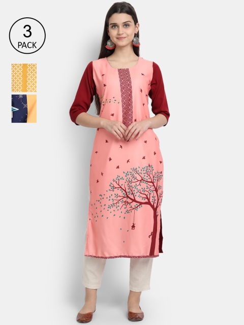 

7Threads Women Pack Of 3 Multicoloured Ethnic Motifs Printed Crepe Kurta, Multi