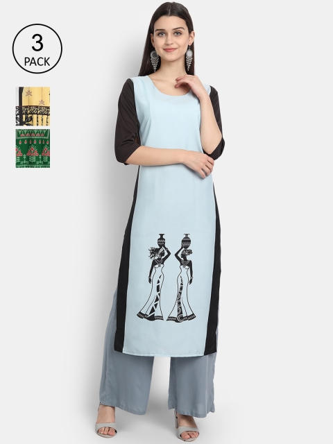 

7Threads Women Yellow, Blue & Green Printed Set of 3 Crepe Kurta