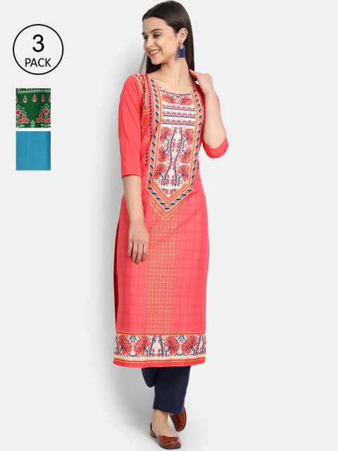 

7Threads Women Pink ,Blue & Green Ethnic Motifs Printed Crepe Kurta Set Of 3