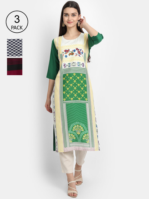 

7Threads Women Pack Of 3 Digital Print Straight Crepe Kurta, Multi