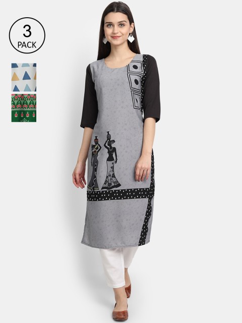 

7Threads Women Multicoloured, Green & Grey Ethnic Motifs Printed Set of 3 Crepe Kurta, Multi