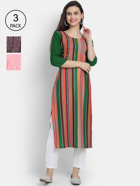 

7Threads Women Green, Purple & Pink Ethnic Motifs Printed Crepe Kurta Set Of 3