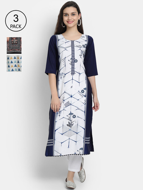 

7Threads Women Pack Of 3 Kurtas, Blue
