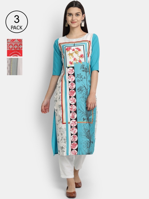 

7Threads Women Pack Of 3 Multicoloured Floral Printed Crepe Kurta, Multi