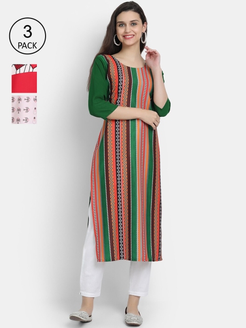 

7Threads Women Multicoloured, Red & White Printed Set of 3 Crepe Kurta, Multi