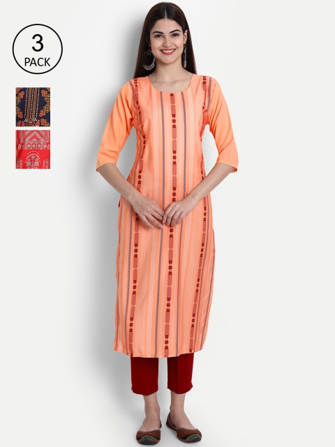 

7Threads Women Peach-Coloured, Red & Blue Ethnic Motifs Printed Crepe Kurta Set Of 3