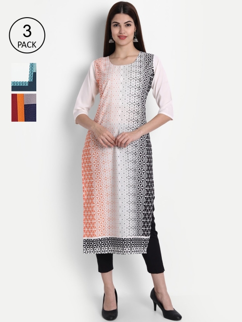 

7Threads Women Pack Of 3 Multicoloured Ethnic Motifs Printed Crepe Kurta, Multi