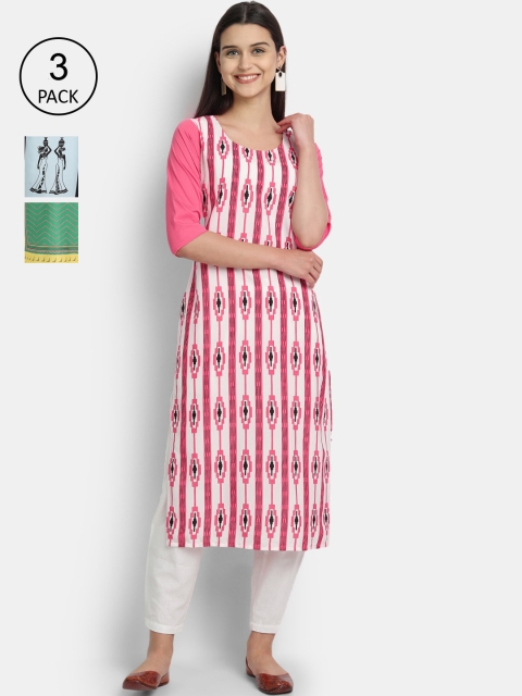 

7Threads Women Pink, Blue & Yellow Ethnic Motifs Printed Crepe Kurta Set Of 3