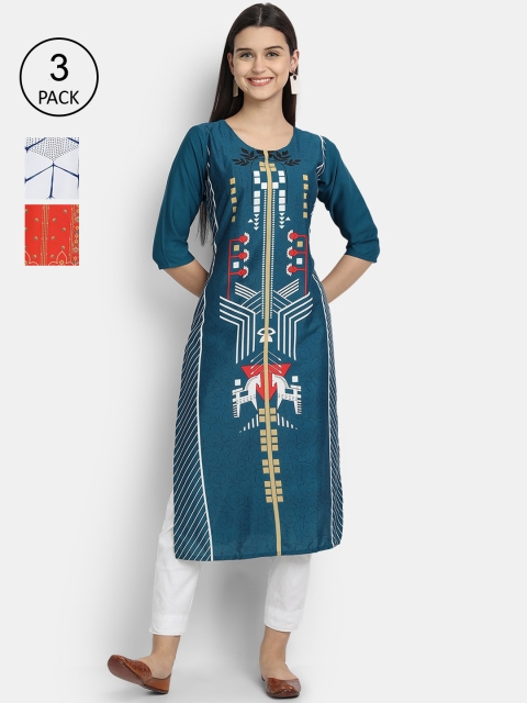 

7Threads Women Pack Of 3 Digital Print Straight Crepe Kurta, Multi