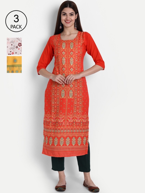 

7Threads Women White, Red & Yellow Ethnic Motifs Printed Set of 3 Crepe Kurta