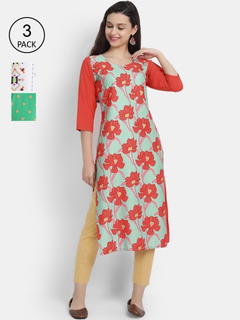 

7Threads Women Red, Yellow & White Ethnic Motifs Printed Crepe Kurta Set Of 3
