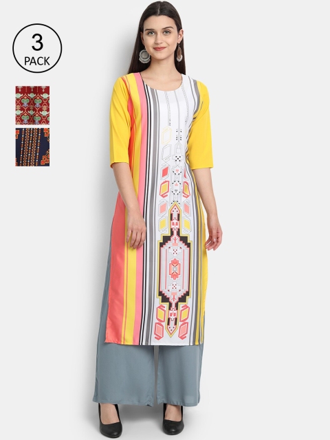 

7Threads Women Pack Of 3 Digital Print Straight Crepe Kurta, Multi