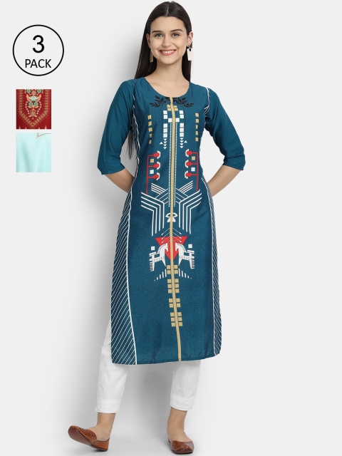 

7Threads Women Pack Of 3 Kurtas, Blue
