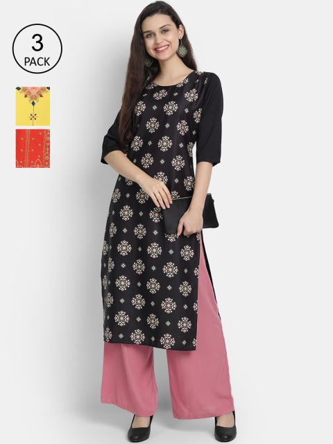 

7Threads Women Pack Of 3 Multicoloured Ethnic Motifs Printed Crepe Kurta, Multi