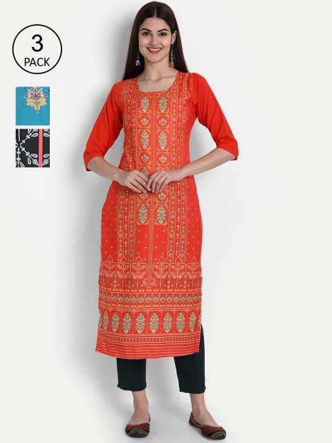 

7Threads Women Red, Black & Blue Ethnic Motifs Printed Crepe Kurta Set Of 3