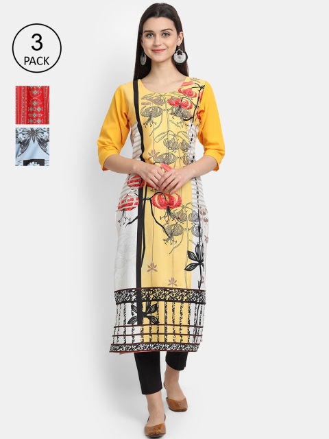 

7Threads Women Pack Of 3 Digital Print Straight Crepe Kurta, Multi
