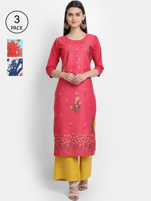 

7Threads Women Pack Of 3 Multicoloured Ethnic Motifs Printed Crepe Kurta, Multi