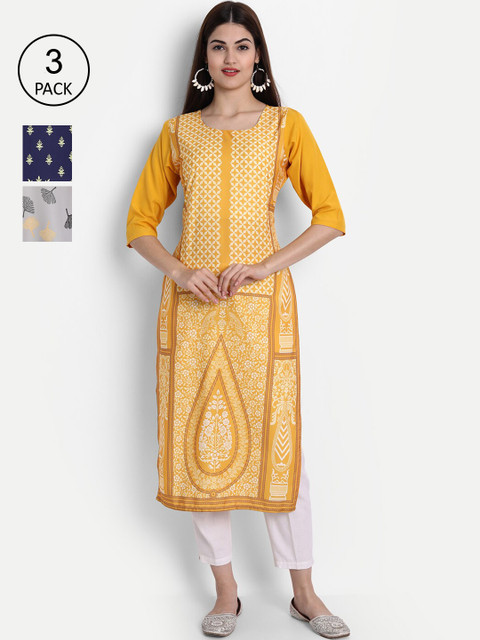 

7Threads Women Yellow, Grey & Blue Ethnic Motifs Printed Crepe Kurta Set Of 3