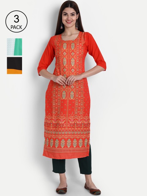 

7Threads Women Pack Of 3 Digital Print Straight Crepe Kurta, Multi