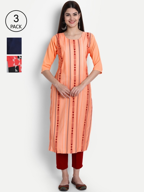 

7Threads Women Pack Of 3 Multicoloured Geometric Printed Crepe Kurta, Multi