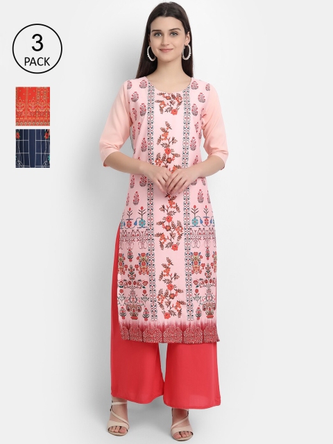 

7Threads Women Pack Of 3 Digital Print Straight Crepe Kurta, Multi