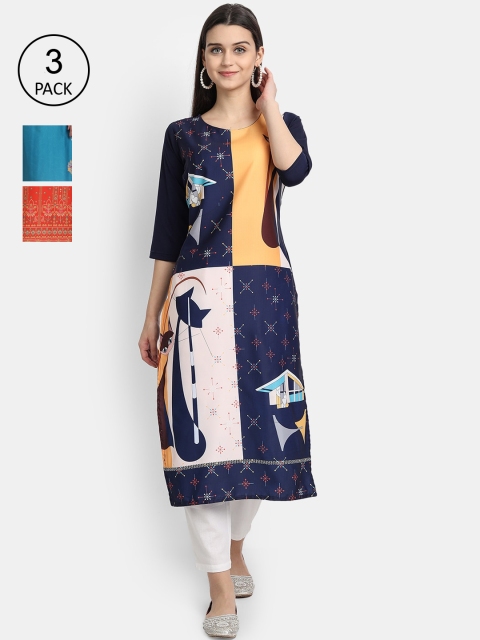 

7Threads Women Blue, Red & Navy Blue Ethnic Motifs Printed Set of 3 Crepe Kurta