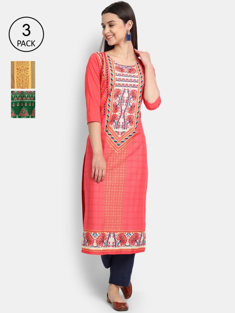 

7Threads Women Pink, Green & Yellow Ethnic Motifs Crepe Kurta Set Of 3