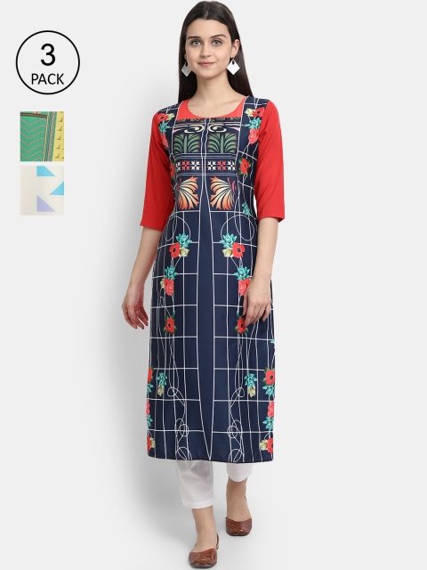 

7Threads Women Pack Of 3 Multicoloured Geometric Printed Crepe Kurta, Multi