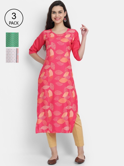 

7Threads Women Pink, White & Yellow Ethnic Motifs Printed Set of 3 Crepe Kurta
