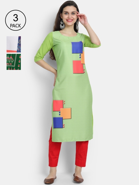 

7Threads Women Green, White & Blue Ethnic Motifs Printed Crepe Kurta Set Of 3