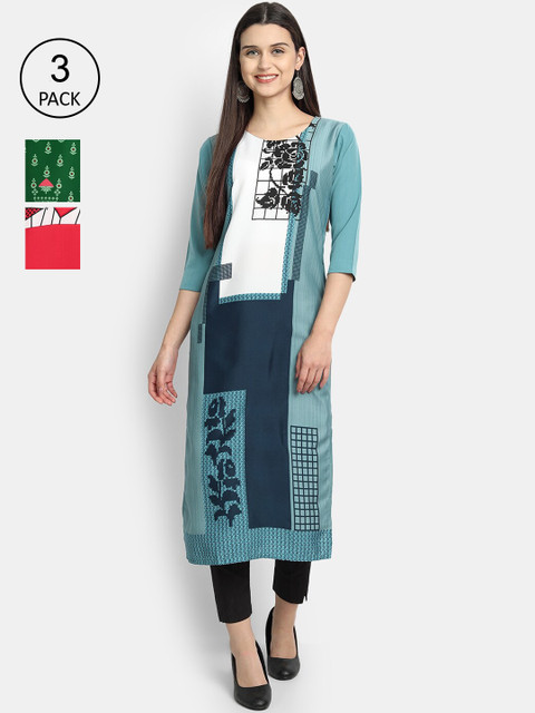 

7Threads Women Pack Of 3 Digital Print Straight Crepe Kurta, Multi