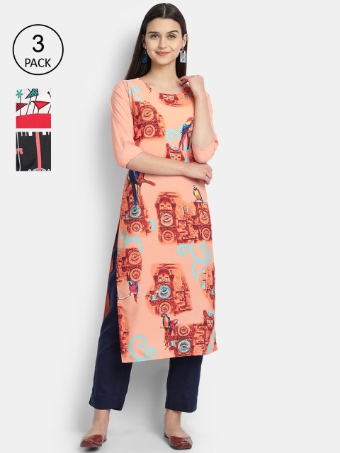 

7Threads Women Pack Of 3 Kurtas, Peach
