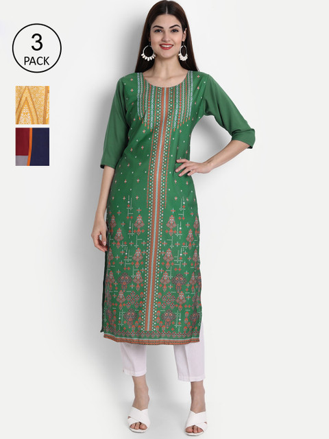 

7Threads Women Pack Of 3 Multicoloured Ethnic Motifs Printed Crepe Kurta, Multi