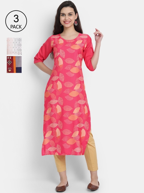 

7Threads Women Multicoloured, Red & Pink Floral Printed Set of 3 Crepe Kurta, Multi