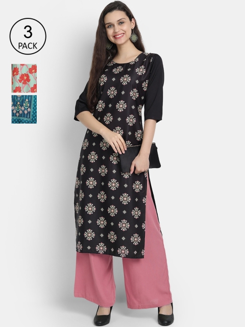 

7Threads Women Pack Of 3 Digital Print Straight Crepe Kurta, Multi