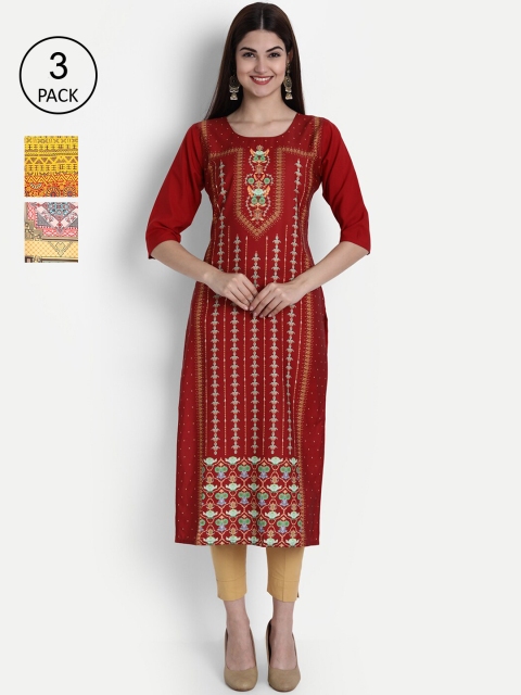 

7Threads Women Pack Of 3 Multicoloured Ethnic Motifs Printed Crepe Kurta, Multi