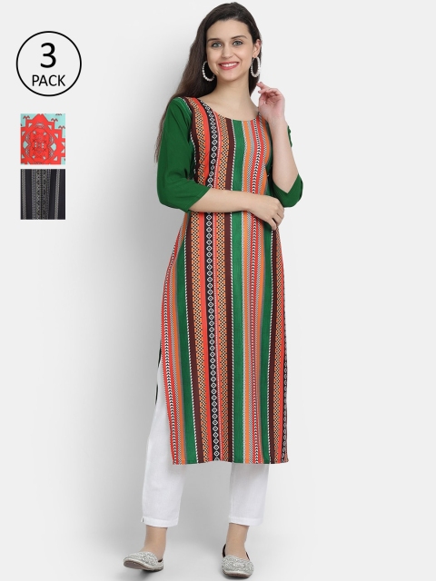 

7Threads Women Green, White & Black Ethnic Motifs Printed Crepe Kurta Set Of 3