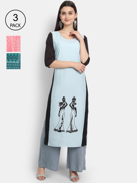 

7Threads Women Pack Of 3 Digital Print Straight Crepe Kurta, Multi