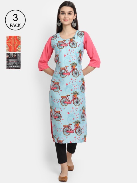 

7Threads Women Pack Of 3 Digital Print Straight Crepe Kurta, Multi