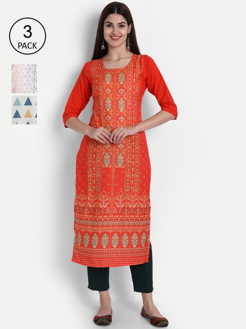

7Threads Women Pack Of 3 Multicoloured Ethnic Motifs Printed Crepe Kurta, Multi
