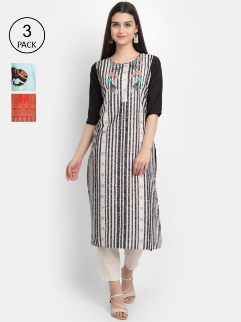

7Threads Women Multicoloured, Red & Blue Printed Set of 3 Crepe Kurta, Multi