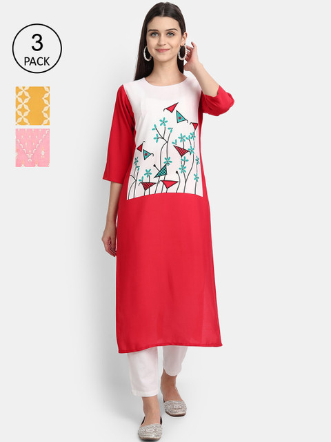 

7Threads Women Red, Yellow & Pink Ethnic Motifs Printed Crepe Kurta Set Of 3